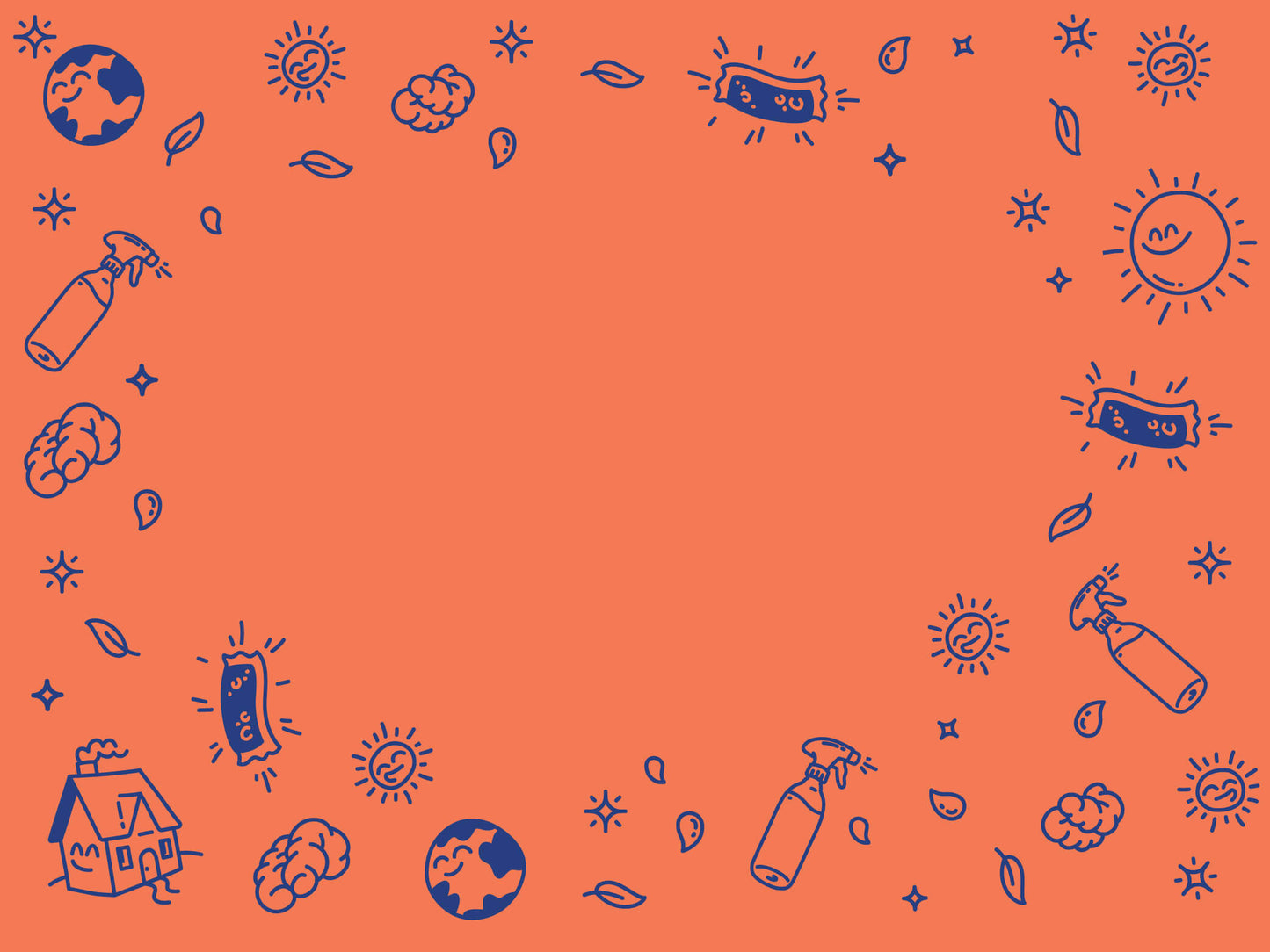 Fond d'écran orange avec plusieurs icone Brain Wash de planète heureuse, de bouteille réutilisable, de goute d'eau et de paquet de recharge