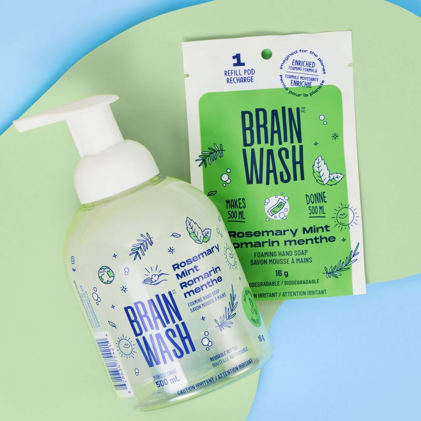 Bouteille de 500 ml de savon moussant à main Brain Wash au romarin menthe avec une recharge