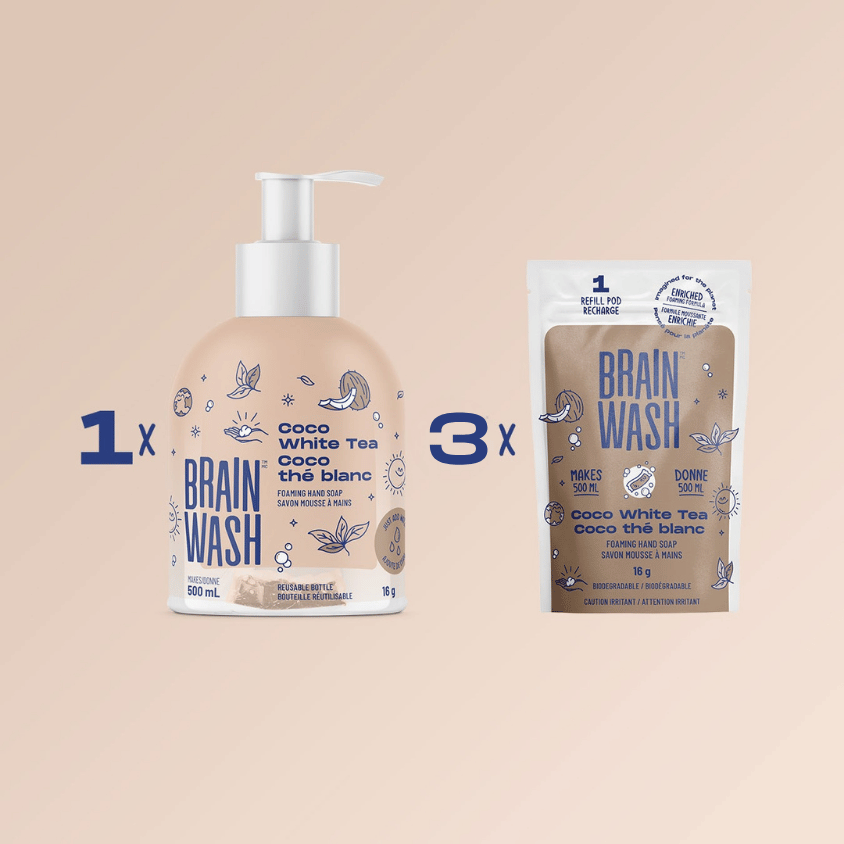 Ensemble Brain Wash, une bouteille de 500ML de savon moussant à main coco thé blanc avec 3 recharges