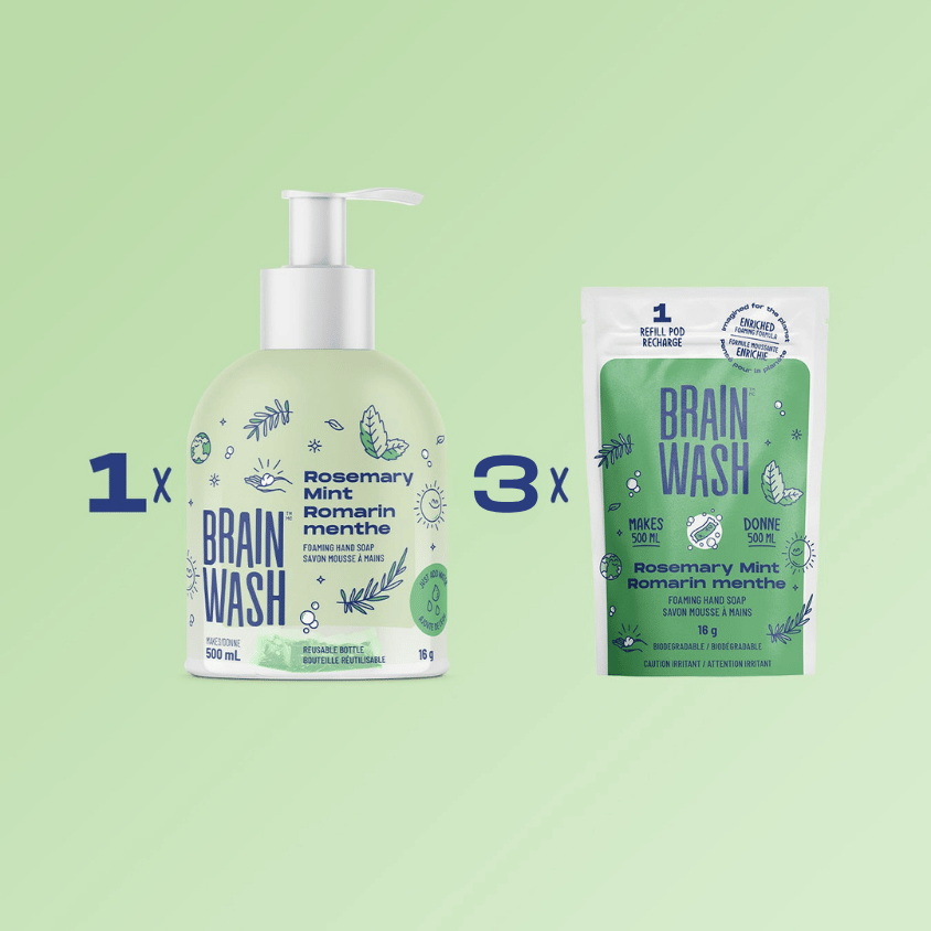 Ensemble Brain Wash, une bouteille de 500ML de romarin menthe avec 3 recharges