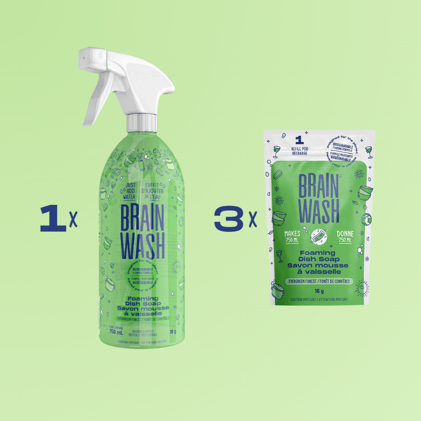 Ensemble Brain Wash, une bouteille de 750ML de savon a vaiselle forêt de conifères avec 3 recharges