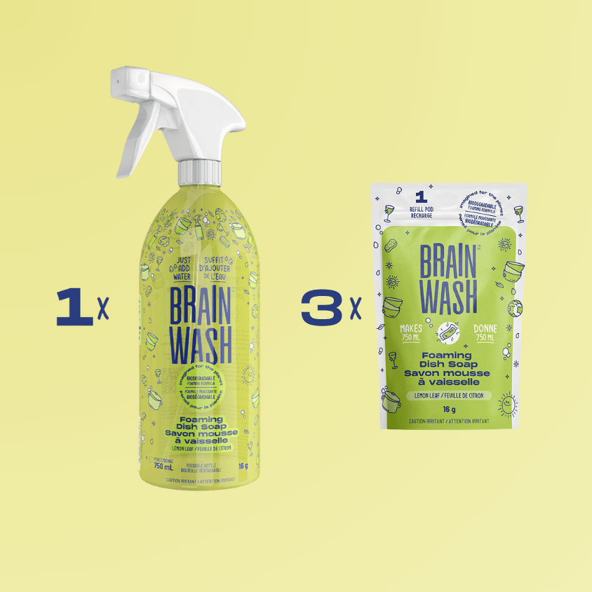 Ensemble Brain Wash, une bouteille de 750ML de nettoyant a vaisselle feuille de citron avec 3 recharges